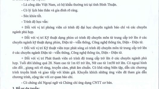 Đài PT - TH Bình Thuận thông báo tuyển dụng
