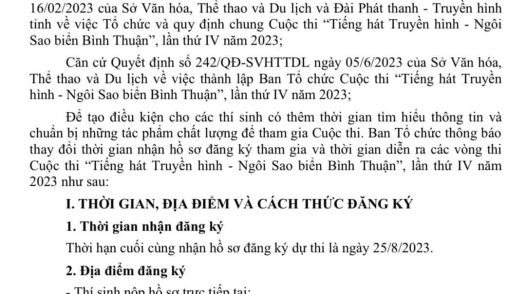 Thông báo gia hạn thời gian nhận đăng ký và thời gian các Vòng thi Cuộc thi Tiếng hát Truyền hình - Ngôi Sao biển Bình Thuận lần thứ IV - 2023.