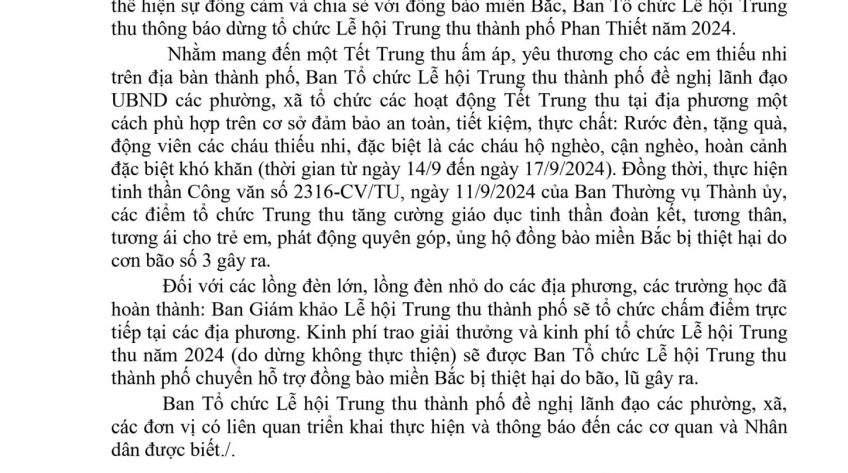 Phan Thiết: Dừng Lễ hội Trung thu để chia sẻ đồng hành cùng Nhân dân miền Bắc đang chống chọi với bão lũ