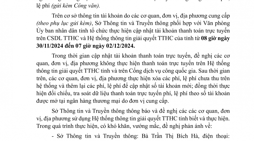 Tạm ngưng thanh toán trực tuyến trên hệ thống thông tin giải quyết thủ tục hành chính tỉnh từ 08 giờ ngày 30/11/2024 đến 07 giờ 02/12/2024