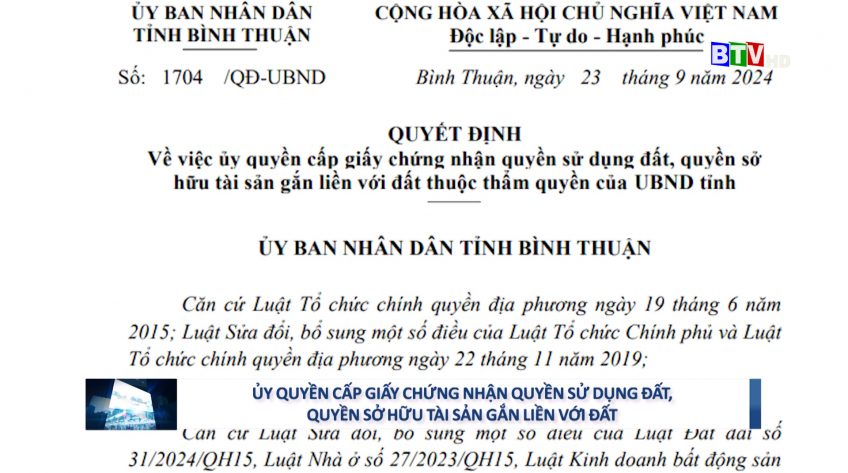 Ủy quyền cho Sở Tài nguyên và Môi trường thực hiện cấp giấy chứng nhận quyền sử dụng đất, quyền sở hữu tài sản gắn liền với đất