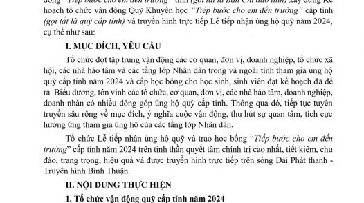 KẾ HOẠCH Tổ chức vận động Quỹ Khuyến học “Tiếp bước cho em đến trường” và truyền hình trực tiếp Lễ tiếp nhận ủng hộ quỹ cấp tỉnh năm 2024