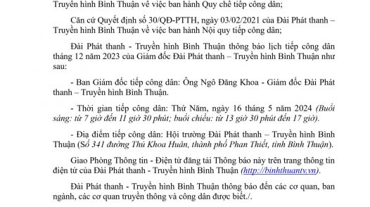 Lịch tiếp công dân tháng 5/2024 của Giám đốc Đài PT - TH Bình Thuận