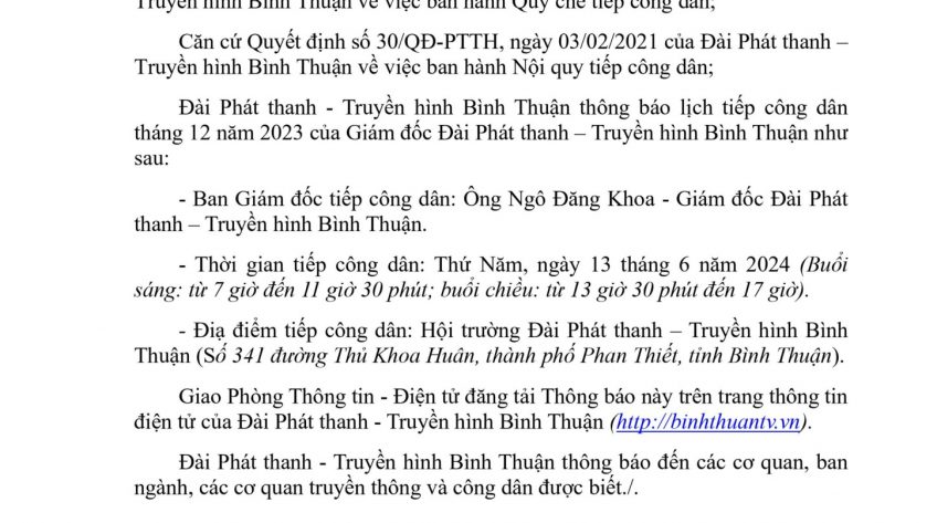 Thông báo lịch tiếp công dân tháng 6/2024 của Giám đốc Đài PT - TH Bình Thuận