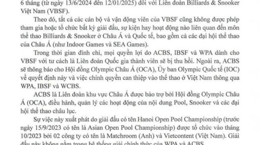 Giải Vô địch Thế giới Carom 3 băng (World Champoinship) vẫn diễn ra bình thường tại Bình Thuận từ ngày 25 đến 29 tháng 9 năm 2024.