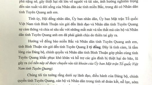 BÌNH THUẬN ĐIỆN THĂM HỎI CHIA SẺ SÂU SẮC VỚI NHỮNG MẤT MÁT TỔN THẤT VỚI NHÂN DÂN TỈNH TUYÊN QUANG DO PHẢI GÁNH CHỊU THIÊN TAI GÂY RA.