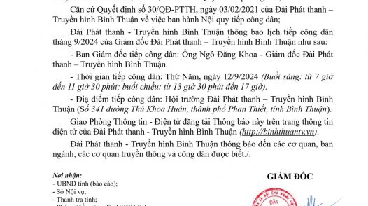 Lịch tiếp công dân Tháng 9/2024 của Giám đốc Đài Phát thanh – Truyền hình Bình Thuận