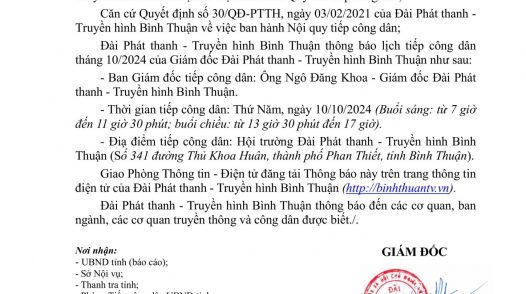 Lịch tiếp công dân Tháng 10/2024 của Giám đốc Đài Phát thanh – Truyền hình Bình Thuận