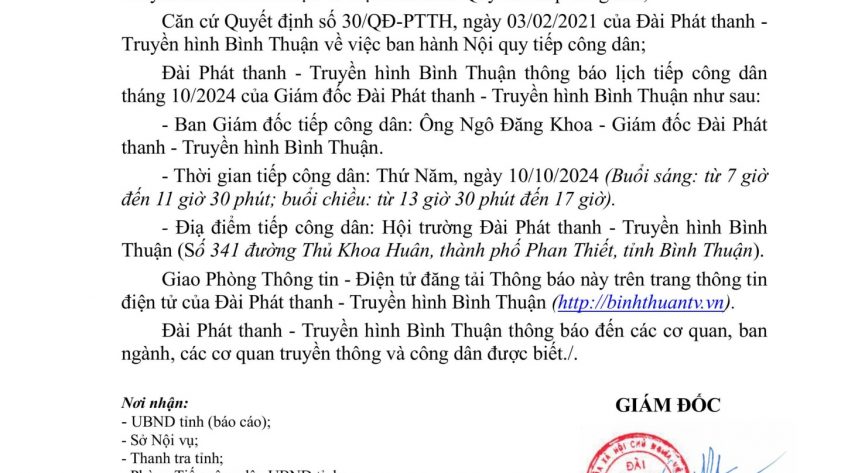 Lịch tiếp công dân Tháng 10/2024 của Giám đốc Đài Phát thanh – Truyền hình Bình Thuận