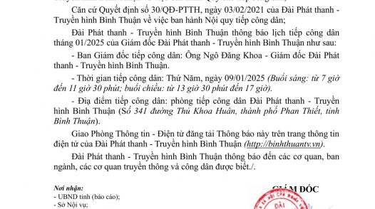 Lịch tiếp công dân Tháng 01/2025 của Giám đốc Đài Phát thanh - Truyền hình Bình Thuận