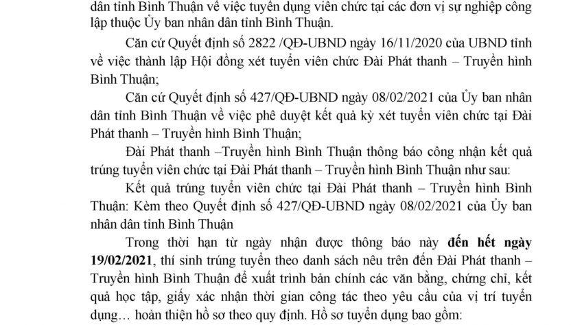 Thông báo về việc công nhận kết quả trúng tuyển viên chức tại Đài Phát thanh - Truyền hình Bình Thuận