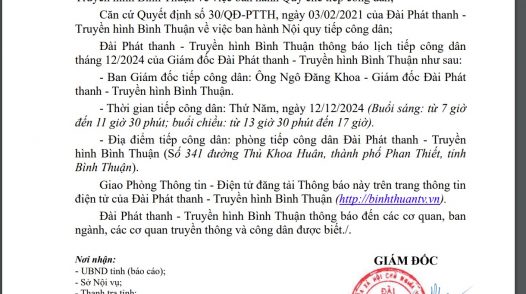 Lịch tiếp công dân tháng 12/2024 của Giám đốc Đài PT - TH Bình Thuận