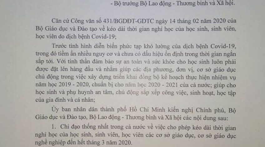 TPHCM chính thức đề xuất Bộ GD-ĐT kéo dài thời gian nghỉ học đến hết tháng 3-2020