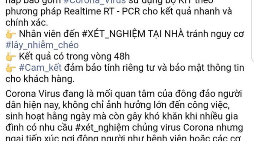 Buộc phòng khám ngưng ngay quảng cáo dịch vụ xét nghiệm virus corona tại nhà